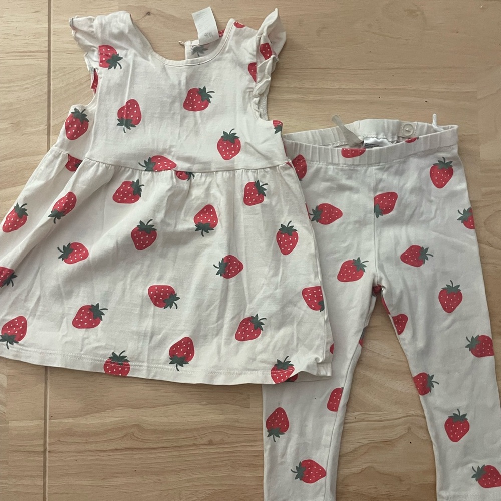 H&M Red Strawberry Print T shirt dress matching leggings